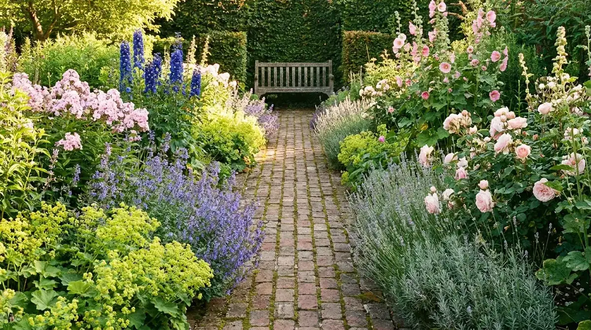 Romantischer Cottage-Garten in voller Sommerblüte