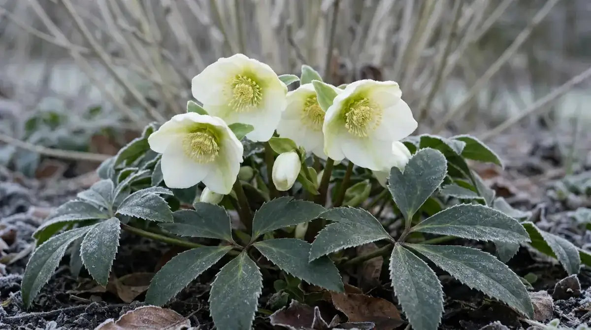 Weiß blühende Christrose mit leichtem Raureif im winterlichen Schattenbeet