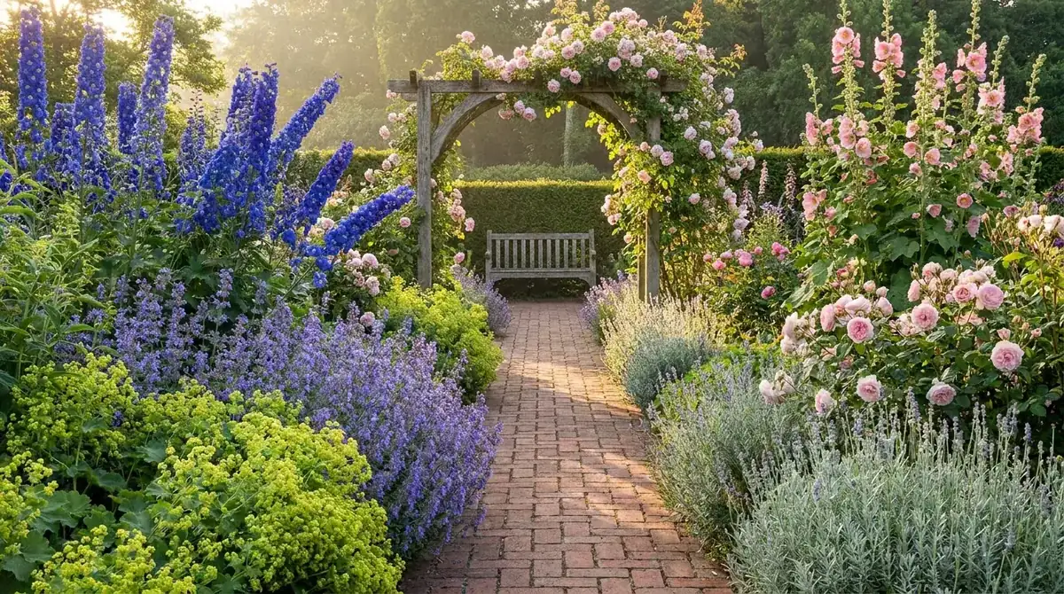 Cottage-Garten in voller Sommerblüte mit Rittersporn, Stockrosen und Rosen an einem Ziegelweg