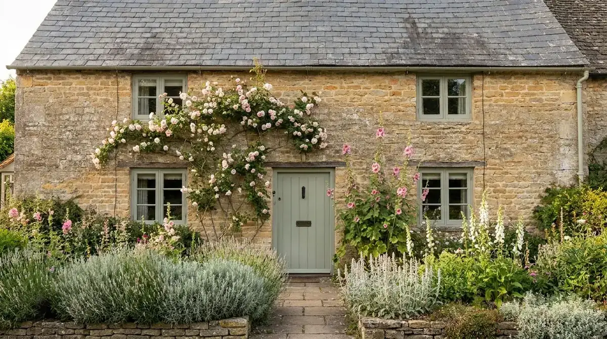 Englisches Cottage mit Kletterrosen an der Fassade und üppigem Vorgarten
