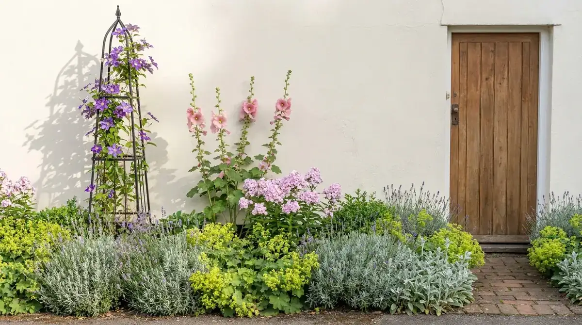 Kleiner Cottage-Vorgarten mit Obelisk, Lavendel und Stockrosen an der Hauswand