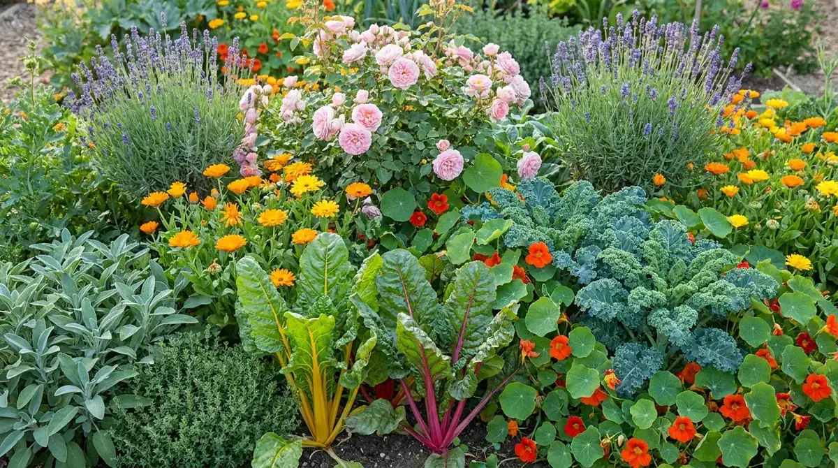 Gemischtes Beet mit Mangold, Kräutern, Ringelblumen und Kapuzinerkresse
