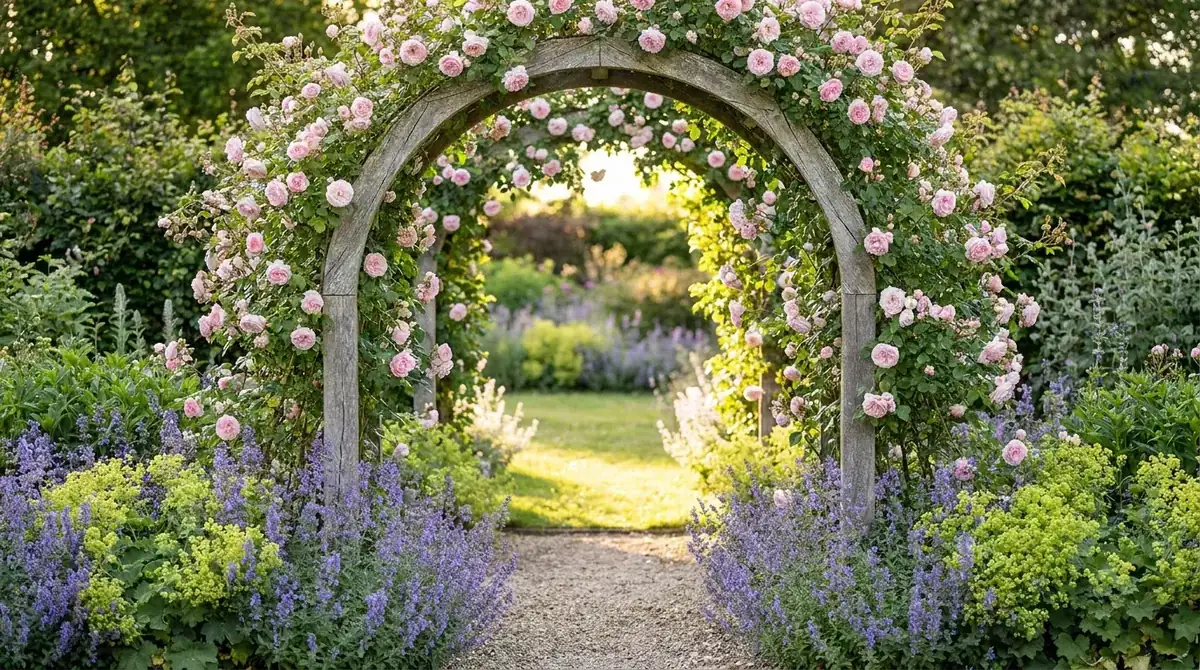Rosenbogen mit rosa Kletterrosen als Durchgang zwischen zwei Gartenbereichen