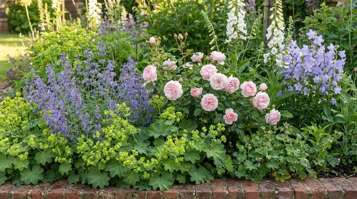 Cottage-Garten mit Rittersporn und Stockrosen an einem Ziegelweg
