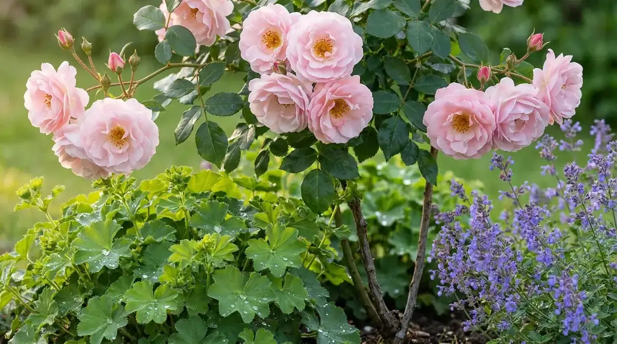 Duftende Strauchrose mit Frauenmantel und Katzenminze am Fuß